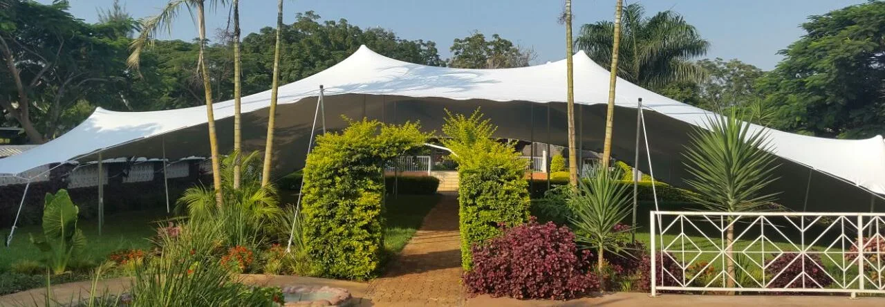 Elegant white stretch tent with sweeping canopy peaks in a landscaped garden